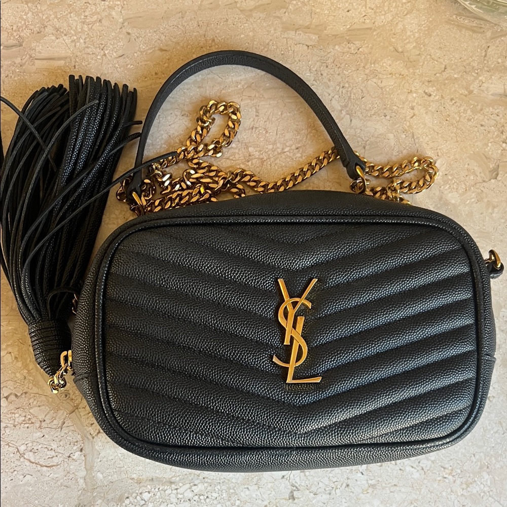 Saint Laurent Black Quilted Leather Camera Bag with Gold YSL Logo and Tassel
